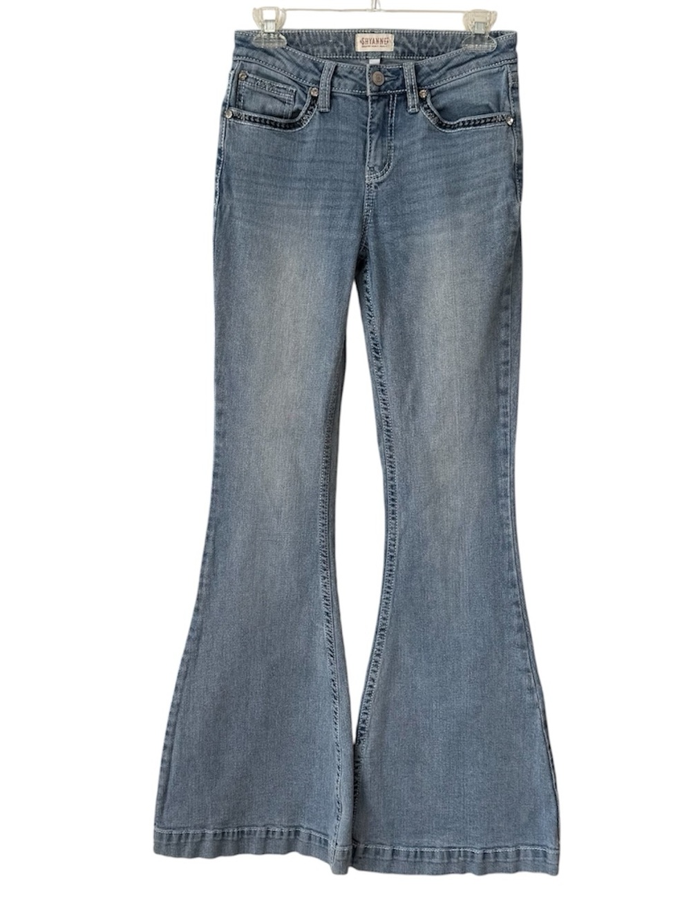 Shyanne Light Wash Mid-Rise Flare Leg Rhinestones Retro Western Cowgirl Jeans 27